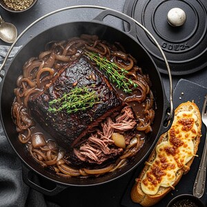 May include: A cast iron pot filled with braised beef and caramelized onions, garnished with fresh thyme. A slice of toasted bread topped with melted cheese sits beside the pot. The dish is a hearty meal.