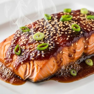 May include: A cooked salmon fillet with a dark, glossy glaze, sesame seeds, and sliced spring onions. Steam rises from the dish, presented on a white plate. The salmon has a bright orange hue.