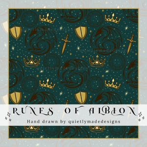 May include: A repeating pattern featuring gold crowns, shields, swords, and dragon silhouettes on a dark teal background. The text "RUNES OF ALBION" and "Hand drawn by quietlymadedesigns" are displayed in a white banner.