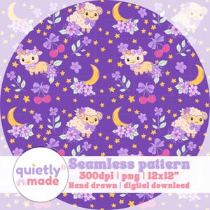 Könnte beinhalten: Nahtloses Muster mit Cartoon-Schafen, Monden, Kirschen und Sternen auf lila Hintergrund. Das Design umfasst florale Akzente und Schleifen. Der Text "Seamless pattern" und "quietly made" sind ebenfalls sichtbar.
