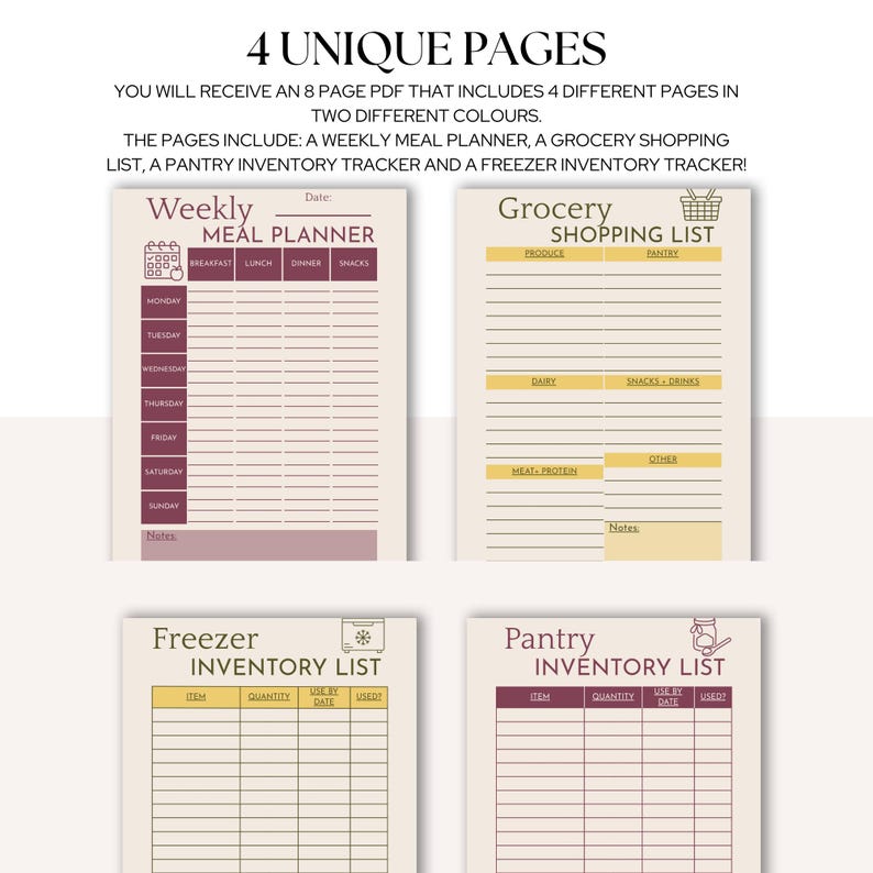 Weekly Meal Planner Printable Bundle | Grocery List, Pantry + Freezer ...