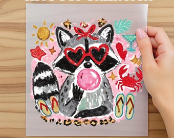 Summer Raccoon Dtf, Feral Girl Summer Dtf, Bubblegum Raccoon Gift, Coastal Beach Vacation Top, Cute Raccoon Graphic Dtf, Ready To Press