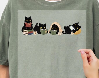Black Cat Reading Book DTF Transfer, Floral Cat Lover Heat Transfer, Ready to Press Iron On for Bookworms & Plant Lovers, Dtf Transfers Gift