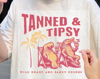 Tanned and Tipsy DTF Transfer Summer Margarita Graphic, Ready to Press Retro Beach Party Dtf Design, Summer drink DTF, Ready To Press