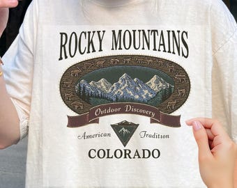 Vintage Rocky Mountains Colorado Dtf, 90s Mountain Hiking Dtf, Ivory Nature Top, Outdoor Discovery Graphic Dtf, Dtf Transfer, Ready to Press