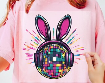 DTF Transfer Easter disco ball bunny ears DTF Transfers Ready For Press, Direct To press, Disco Bunny Easter Dtf, Colorful Disco Ball Bunny