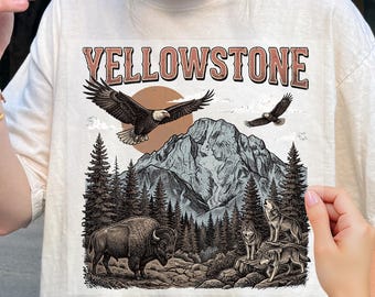 Yellowstone National Park Vintage 90s Stlye Dtf, Wildlife Graphic Dtf with Bison Wolves Eagles, 90s Hiking Nature Dtf, Dtf Transfers Gifts