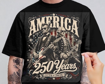 George Washington y Abraham Lincoln con aspecto desmejorado tocando la guitarra (DTF), banda de rock estadounidense de 1776-2026, 250 años de Estados Unidos (DTF patriótico), regalo de transferencia DTF