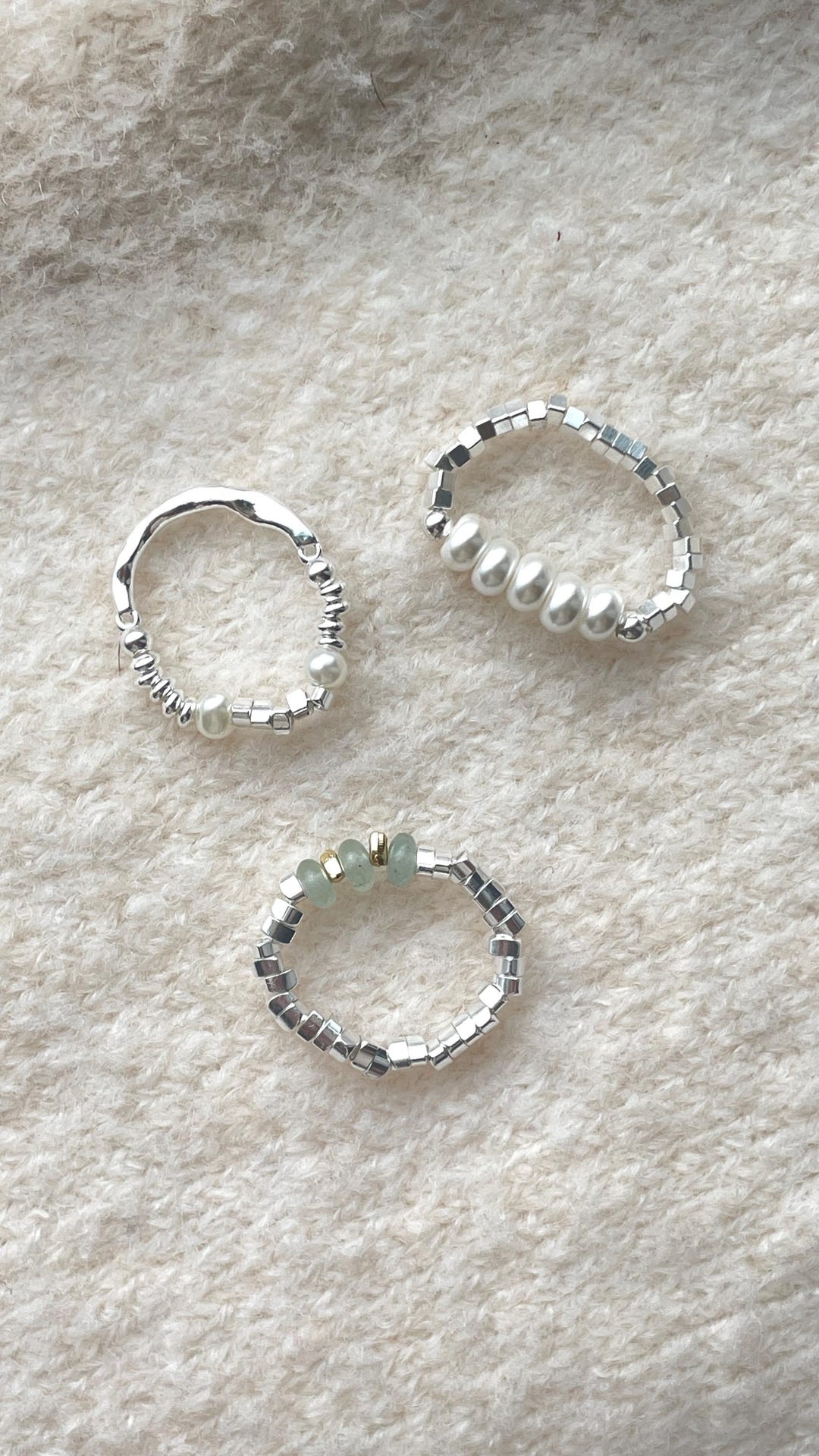 Cube Stackable Rings Silver Cube & Pearl Beaded Ring Set β Minimalist Elastic Stacking Rings ...