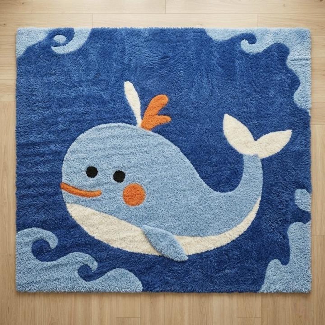 Cute Whale Tufted Rug, Blue Ocean Sea Animal Nursery Rug, Kids Playroom ...