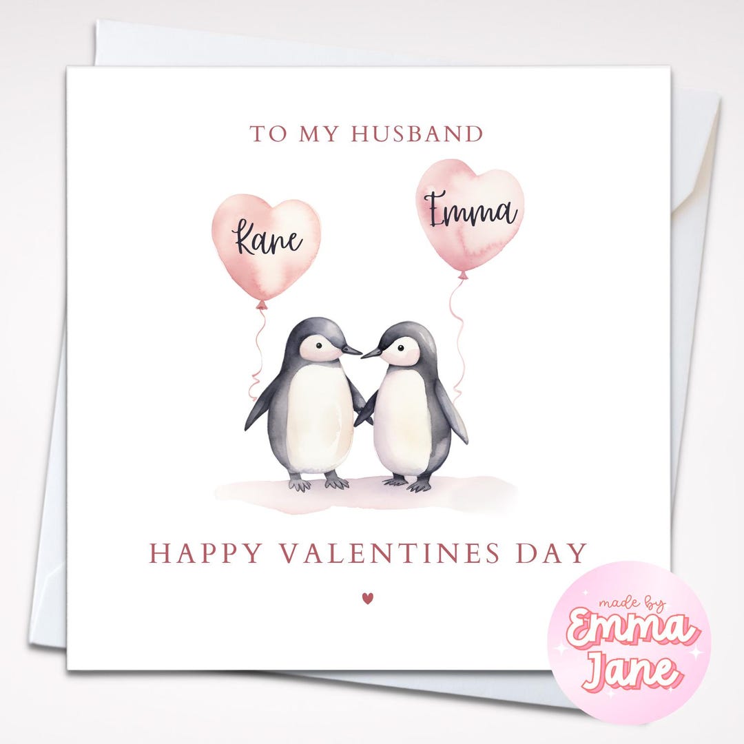 Personalised Penguins Valentines Card | Name in Balloons | Boyfriend ...
