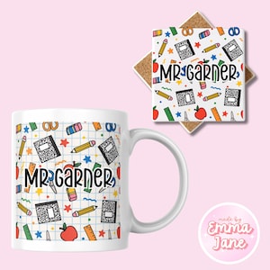 May include: White ceramic mug and coaster set with a school-themed pattern. The mug and coaster feature a grid background with pencils, notebooks, apples, and the text "MR. GARDNER". The coaster is square with a cork backing.