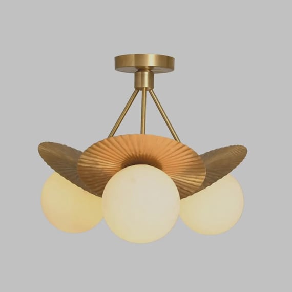 Mid Century Brass Ceiling Light, 3 Globe Semi Flush Mount, Modern Gold Sputnik Ceiling Lamp, Art Deco Glass Lighting Fixture
