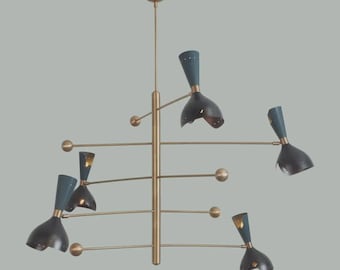 Mid Century Modern Brass Chandelier, 6 Light Adjustable Cone Shade Pendant, Black & Blue Retro Ceiling Light, Sculptural Lighting Fixture