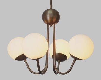 Mid Century Modern Globe Chandelier, Brass 5 Light Pendant, Milk Glass Orb Ceiling Light, Retro Minimalist Lighting Fixture