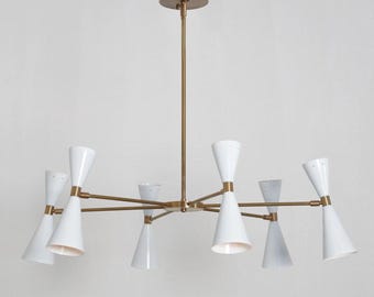 Mid Century Modern White Chandelier, Brass Linear Ceiling Light, Cone Shade Pendant, Minimalist Contemporary Fixture