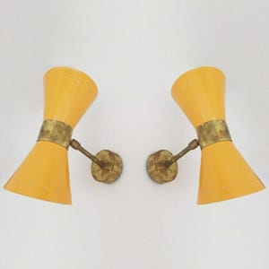 Mid Century Modern Double Cone Wall Sconce Set, Yellow Glass Wall Lights, Vintage Brass Adjustable Lamp, Scandinavian Retro Lighting
