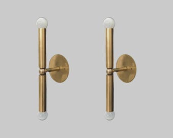 Modern Brass Linear Wall Sconce Set, Minimalist Tube Wall Light, Double Bulb Vanity Sconce, Mid Century Bathroom Lighting Fixture