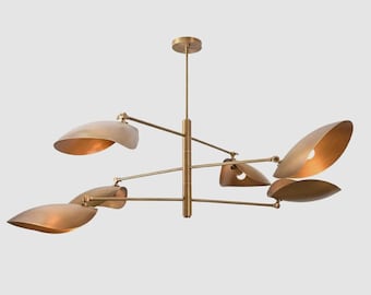 Modern Brass Multi Arm Chandelier, Mid Century Sculptural Ceiling Light, Minimalist Gold Pendant Lighting, Contemporary Fixture