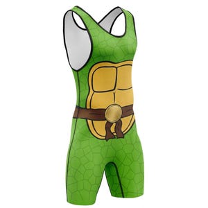 May include: Green and yellow wrestling singlet with a turtle shell design. The singlet features a brown belt with a gold buckle and a white neckline. The fabric has a textured pattern.