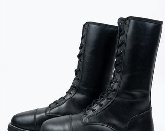 Handmade Black Leather Combat Boots – Unisex Mid-Calf Lace-Up Streetwear Fashion