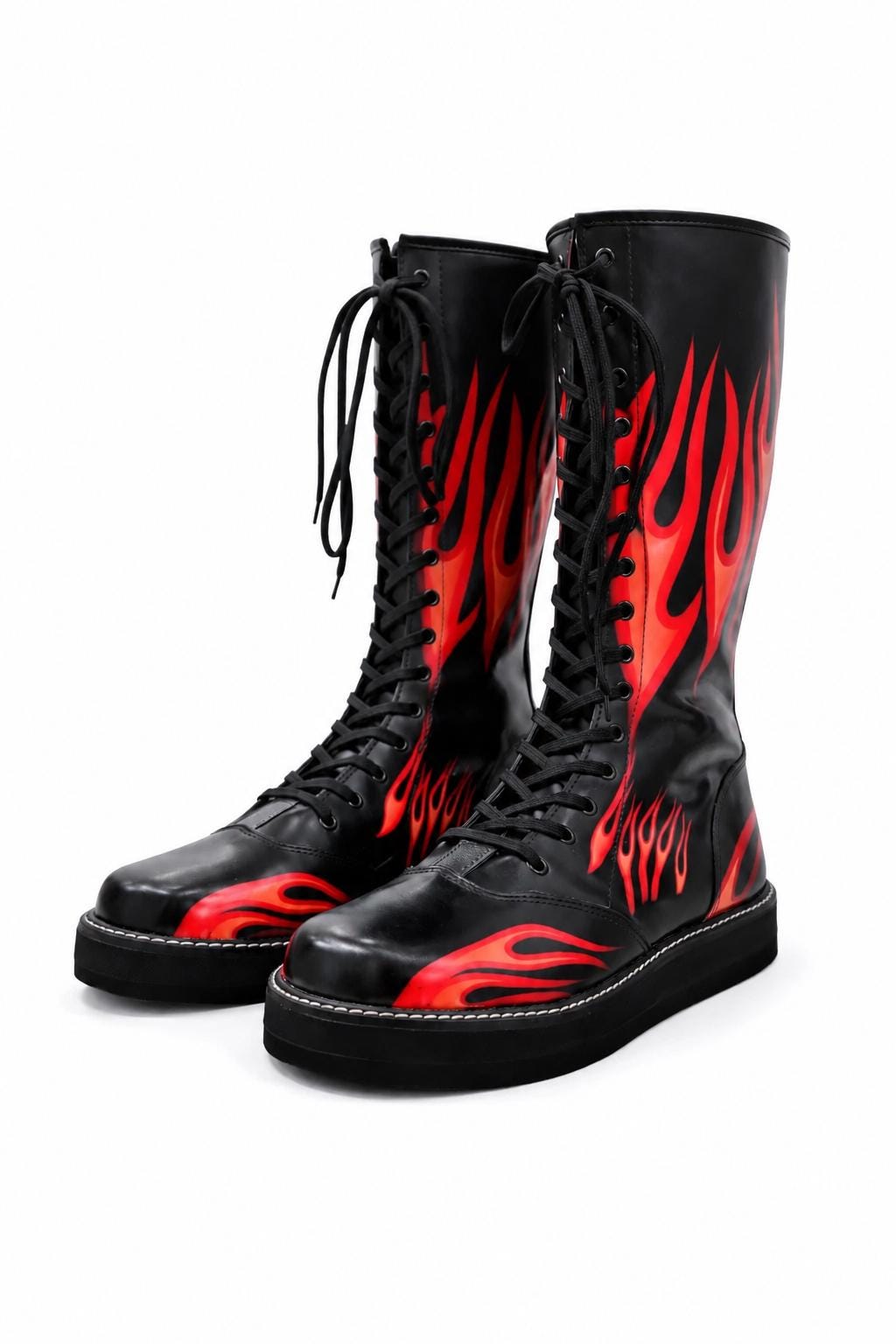 Custom Flame Leather Wrestling Boots: Black Red Knee-High Lace-Up Ring Footwear