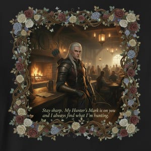 May include: An illustration of a character from a fantasy setting, framed by a floral border. The character, with long white hair, is in a tavern setting. Text reads: "Stay sharp. My Hunter's Mark is on you and I always find what I'm hunting."