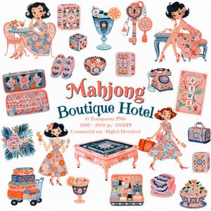 Peut inclure: Une collection numérique d'illustrations sur le thème Mahjong Boutique Hotel avec des femmes en robes à fleurs, des tuiles de Mahjong, une table de jeu, des téléphones vintage, des bagages, des cocktails et des fleurs avec le texte Mahjong Boutique Hotel.