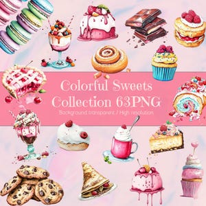 以下が含まれることがあります： マカロン、サンデー、ケーキ、チョコレートバー、クッキーなど、さまざまなカラフルなスイーツの水彩イラスト。画像には、ピンクの背景に「Colorful Sweets Collection 63PNG」というテキストが表示されています。