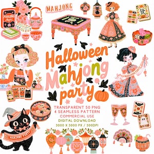Könnte beinhalten: Eine digitale Sammlung von Halloween Mahjong Party Illustrationen mit Figuren in gemusterten Kleidern, einer schwarzen Katze mit Hexenhut, Mahjong-Steinen mit Kürbismotiven, Laternen, einem Spieltisch und dem Text Halloween Mahjong party.