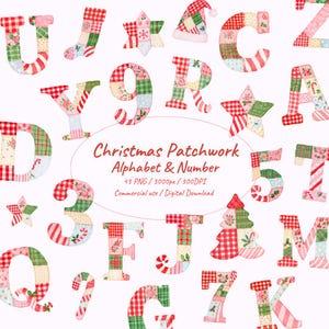 Könnte beinhalten: Eine digitale Sammlung von Aquarell-Patchwork-Buchstaben, Zahlen und Weihnachtsmotiven mit roten, grünen und weißen Karomustern, Blumen und Streifen. Der Text lautet: Christmas Patchwork Alphabet & Number, 43 PNG / 3000px / 300DPI, Commercial use / Digital Download.