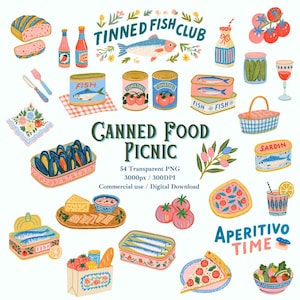 Könnte beinhalten: Eine digitale Sammlung von Illustrationen mit Fischkonserven, Dosentomaten, Muscheln, Brot, Käse, Pizza, Gemüse und Getränken. Der Text lautet TINNED FISH CLUB, CANNED FOOD PICNIC und APERITIVO TIME. Dieses Set enthält 54 transparente PNG-Dateien.