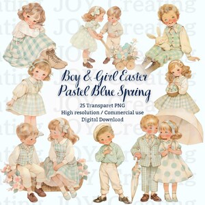 以下が含まれることがあります： 「Boy & Girl Easter Pastel Blue Spring」のテキストが入った、パステルブルーの衣装を着た子供たちのヴィンテージイラストのデジタルダウンロード。画像には、イースターエッグ、ウサギ、花を持つ子供たちが含まれています。