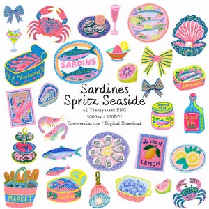 May include: A collection of colourful digital illustrations featuring seafood, citrus, bows, and kitchen items with text reading Sardines Spritz Seaside, 42 Transparent PNG, 3000px / 300DPI, Commercial use / Digital Download, Anchovies, Sardins, Lobster Lover, La vita al LEMON, Olive Oil, Sardine Pate, and Market.
