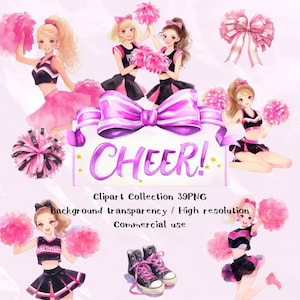 Clipart de accesorios para animadoras: pompones de acuarela negros y rosa intenso, animadoras, megáfono y pancartas (patrón sin costuras 39 PNG)