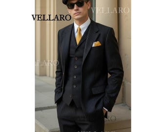 Black Pinstripe 3-Piece Suit 1920s Vintage Gangster Trauanzug Costume Homme Élegant Formal Menswear Wedding fit Retro Inspired Herren Anzug