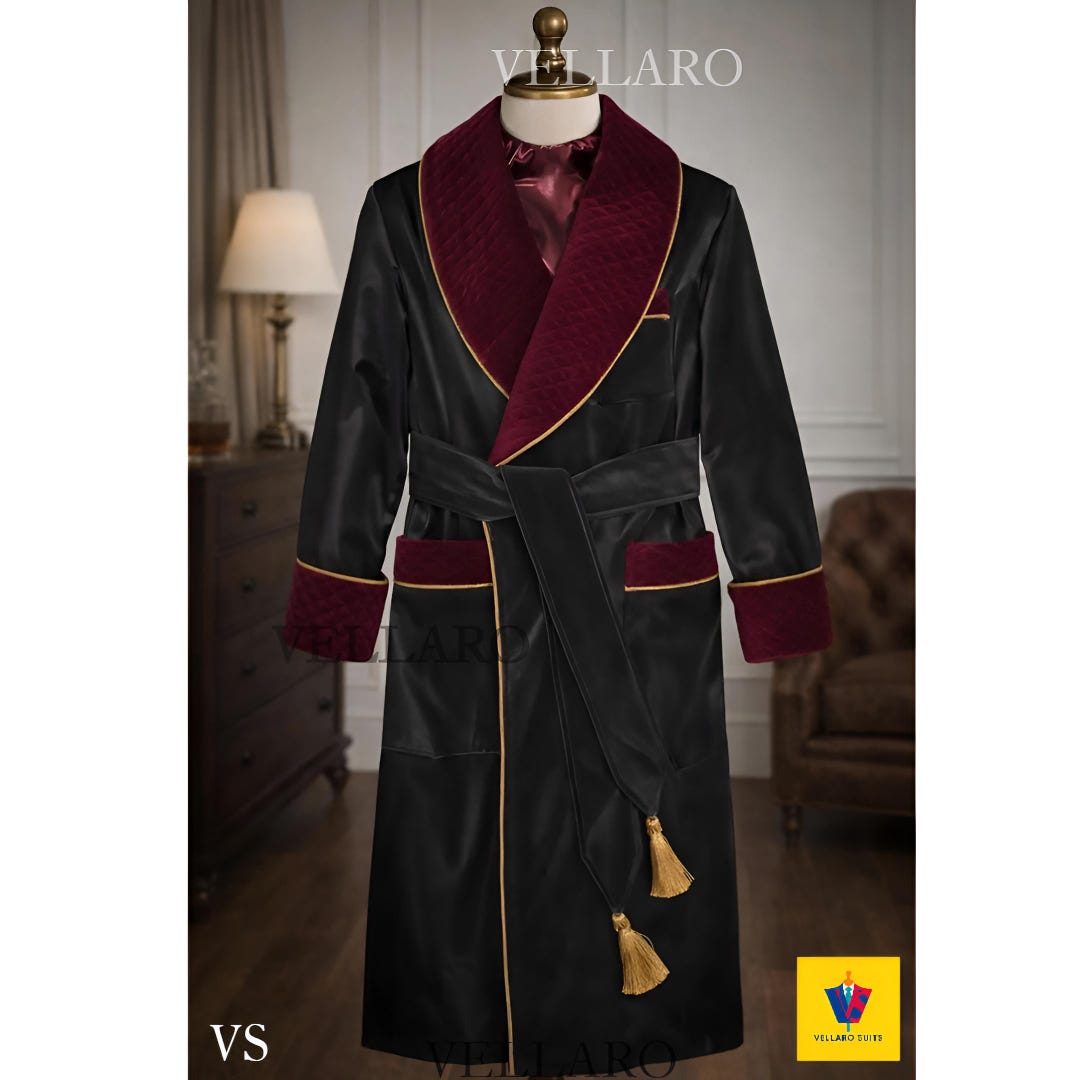 Luxury Black Velvet Smoking Robe for Men With Burgundy Shawl Collar ...