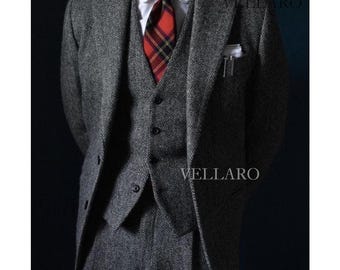 Grauer Herringbone-Tweed-Herrenanzug aus den 1920er Jahren | Vintage Winter Abendkleidung | Anzug Herren Tweed Grau | Kostüm Homme Classique Herren Anzug