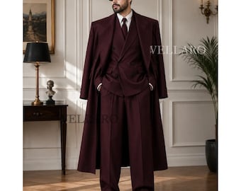 80s Mens Burgundy 3 Piece Suit with Overcoat, Dark Red Wedding Suit for Men, Double Breasted Groom Suit, Vintage Formal Suit, Gift for Him