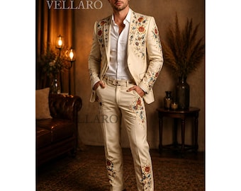 Floral Embroidered Beige Wedding Suit for Men – Luxury Groom Suit Bestickter Hochzeitsanzug Herren | Mens Designer Wedding Suit Gift for Him