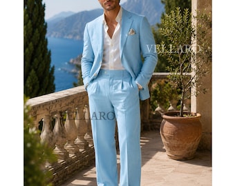 70er Jahre Herrenhemd Himmelblau 1920er Jahre Retro Hochzeitsanzug weites Bein Schlaghose Vintage Sommeranzug Geschenk für Ihn Bräutigam Anzug Herren