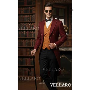 May include: A formal burgundy suit with a double-breasted jacket, gold buttons, and a matching vest. The suit is paired with black trousers, a white shirt, and a black bow tie. The image includes the text "VELLARO".