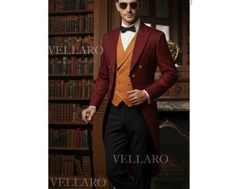 Men’s Burgundy Tailcoat 3-Piece Suit | Victorian Formal Anzug Herren | Costume Queue-de-Pie Homme | Vintage Evening Tuxedo | Old Money Suit