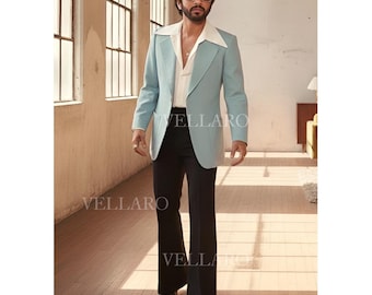 May include: A light blue blazer with a wide lapel, paired with a white shirt and black flared trousers. The outfit is completed with sunglasses. The style is reminiscent of the 1970s, offering a retro aesthetic.
