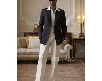 Pantalón acampanado color crema con doble botonadura de chocolate / Traje retro de los años 70 con pantalón acampanado / Traje retro para hombre / Traje vintage de lujo para hombre