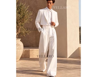 Jaren 70 wit cropped jasje pak voor heren, wijde broek, retro disco outfit, vintage jaren 70 bruidegom Anzug Herren Costume Homme Mariage