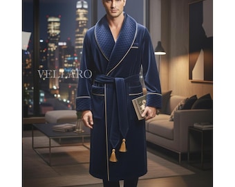 Luxury Navy Blue Velvet Men’s Robe | Quilted Shawl Dressing Gown | Herren Samt Morgenmantel | Peignoir Homme Luxe Herren Peignoir Homme