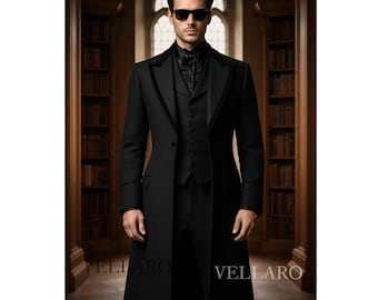Luxury Black Gothic Long Coat Men | Victorian Formal Overcoat Suit | Dark Academia Menswear | Herren Mantel Elegant | Manteau Homme Gothique