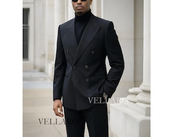 ブラックウールダブルブレストスーツ - モッドスタイル、ハンドメイド