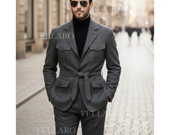 Men’s Charcoal Belted Safari 1920s Suit | Modern Utility Tailored Suit for Men | Old Money Minimalist Style | European Streetwear Formal Set